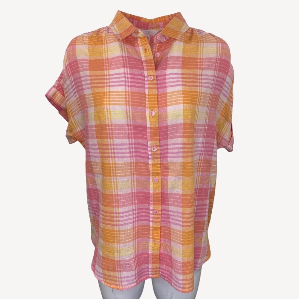 Time and Tru Wpmens Roll Cuff Shirt Pink Orange Plaid Top Size Small 4-6